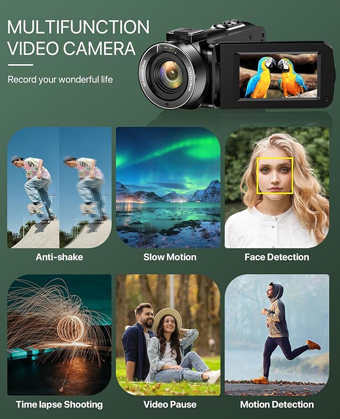 4K Video Camera Camcorder 64MP Vlogging Camera for YouTube 3.0" Touch Screen 18X Digital Zoom IR Night Vision with External Stereo Microphone,Remote,Lens Hood,Handheld Stabilizer,32G Card &2 Batteries