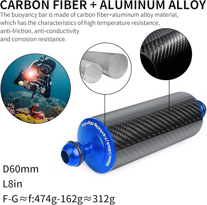 Blue 8" Carbon Fiber Underwater Float Arm (2-Pack) - Ultralight Dual 1" Ball Buoyancy System for Diving Tray Video Lights & Strobes