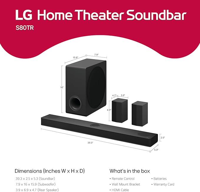 LG S80TR 5.1.3 ch. OLED evo TV Matching Home Theater Soundbar with Rear Surround Speakers and Wireless Subwoofer, Wow Orchestra, Dolby Atmos, WOWCAST Built-in (2024 Model)