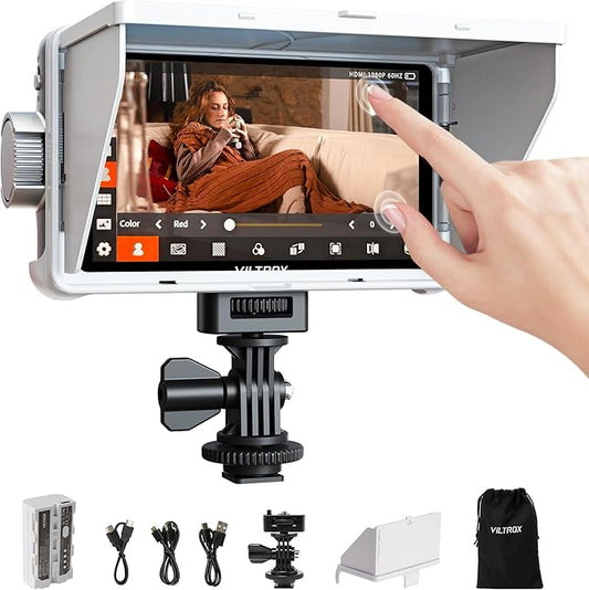 VILTROX DC-V1 Touch Screen Camera Field Monitor, 1920x1080 IPS 5.5 inch DSLR Camera Monitor with Sunshade Hood and Battery, 3D LUT HDR 4K HDMI in/Output Exposure Waveform Focus Assist Video Monitor