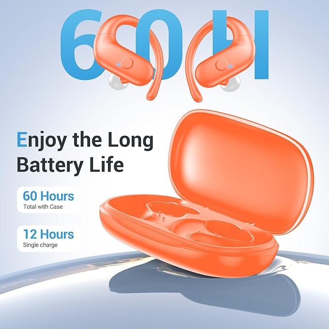 for Wireless Earbuds,Sport Bluetooth 5.4 Headphones,Over Ear Buds with Deep Bass Sound,60H Playtime Clear Calls Earphones Redesigned Comfort Fit with Earhooks for Running,Meeting,Workout-Orange