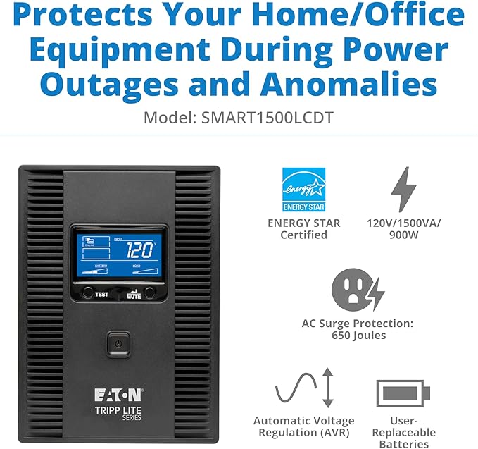 Tripp Lite SMART1500LCDT 1500VA 900W UPS Battery Back Up, AVR, LCD Display, Line-Interactive, 10 Outlets, 120V, USB, Tel & Coax Protection, 3 Year Warranty & Dollar 250,000 Insurance Black