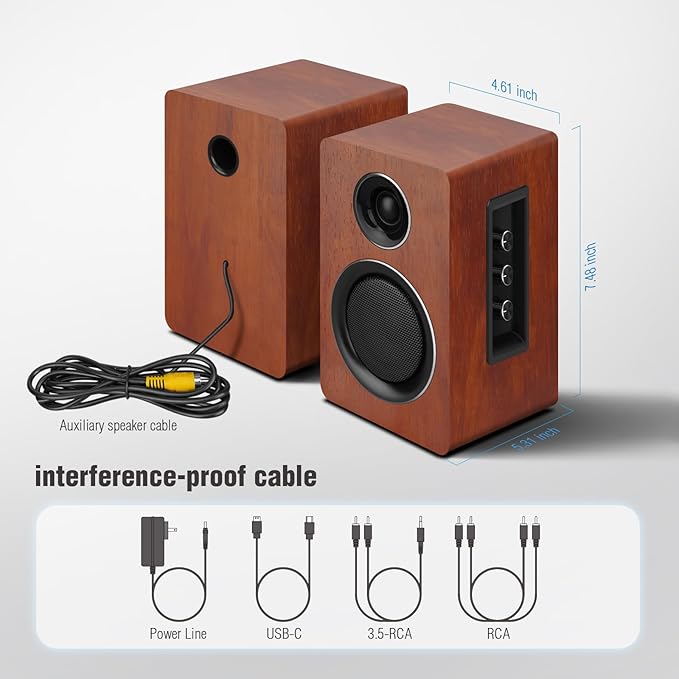 Computer Speakers for Desktop PC, Active Bookshelf Speaker with 3‘’ Carbon Fiber Woofer and Silk Film Tweeter ,Supports Bluetooth 5.3, USB-C, AUX/RCA Input for Record Player TV - Brown Stereo Set