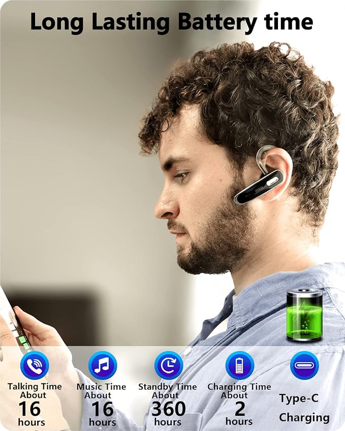 Bluetooth Headset, V5.1 Ultralight Wireless Handsfree Earpiece Cell Phone with Noise Cancellation Microphone for PC Tablet/Laptop Computer, Headphones for Trucker/Driver/Business- Black