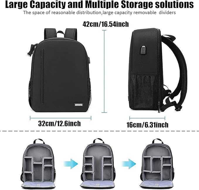 Cwatcun Camera Backpack with USB,Rain Cover,fit 15.6" Laptop,Anti-Theft Rear Open Camera Bag,Waterproof Camera Case with Tripod Straps for Canon Nikon Sony DSLR SLR Photography Bag Unisex(III-L-Black)