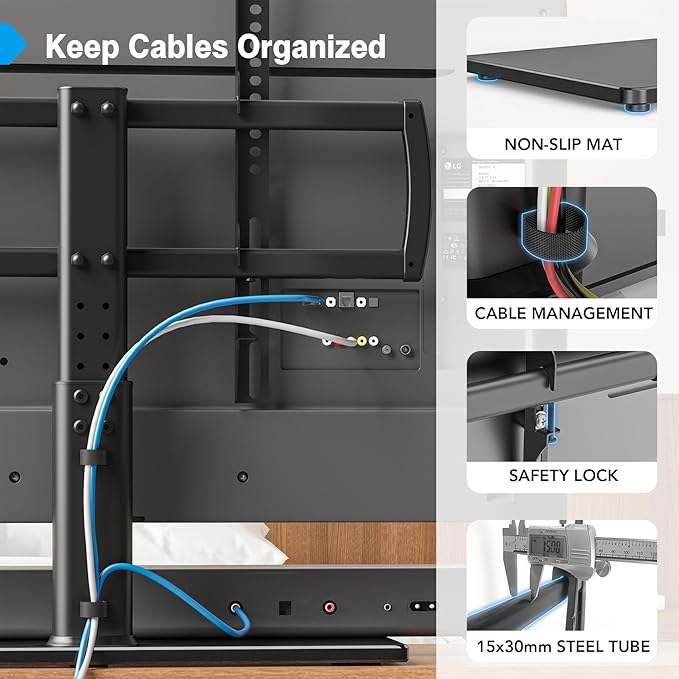 Universal Tabletop TV Stand with Wall Mount for 32 to 70 inch 4 Level Height Adjustable, Heavy Duty Tempered Glass Base, Holds up to 110lbs Screens, HT03B-002