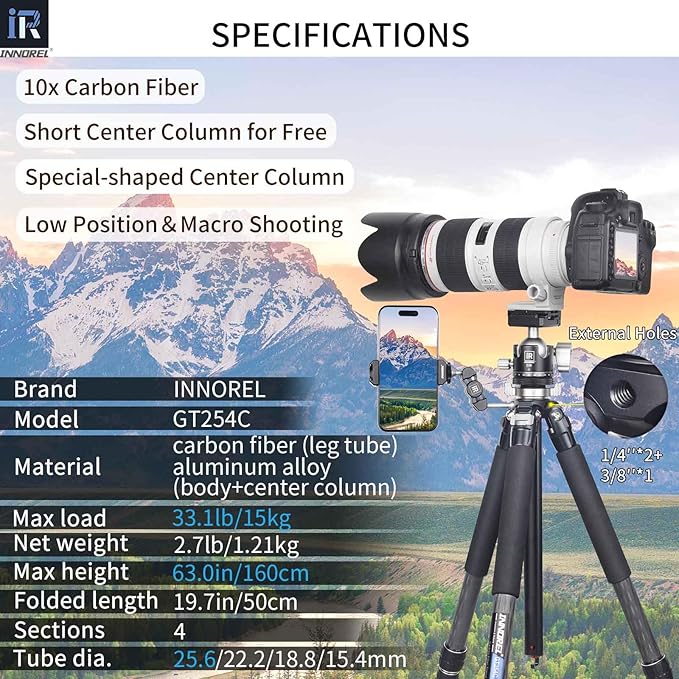 Carbon Fiber Tripod-INNOREL GT254C Professional Camera Stand Compact Portable Tripod for Digital DSLR Camera 4-Section Camera Stand Support with Special-Shaped Center Column Load 33lb/15kg