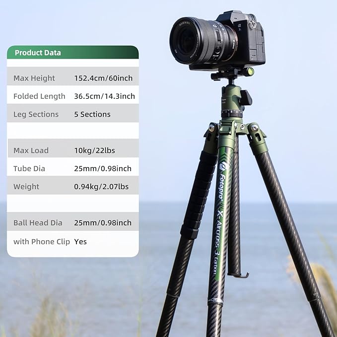 Fotopro 62 Inch Carbon Fiber Tripod for Camera Ultralight Travel Camera Tripod Max Loads Up 22lbs X-Aircross 3 Green