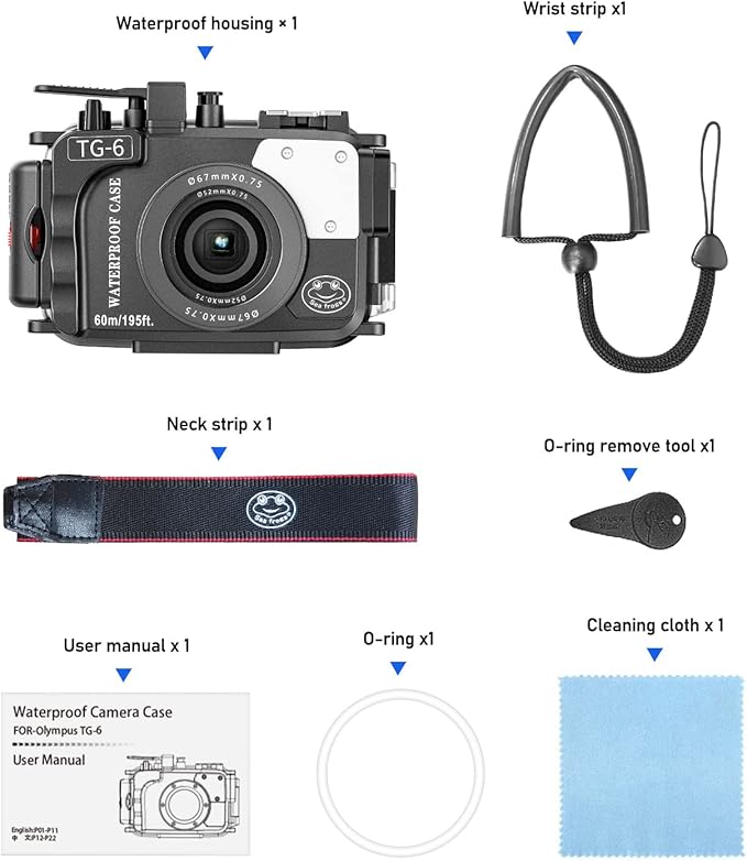 Seafrogs 60m/195ft Underwater Camera Housing for Olympus TG-6 – Waterproof Case with 52mm & 67mm Thread, Dual Fiber Optic Ports, Leak Detection, Stainless Steel Mounting Plate (TG-6-black)