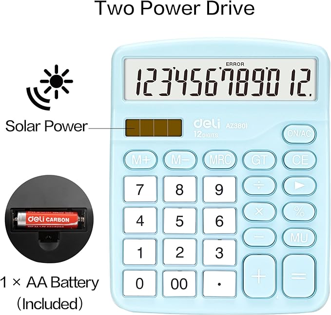 Calculator, Deli Standard Function Desktop Calculators with 12 Digit Large LCD Display and Sensitive Button, Solar Battery Dual Power Office Calculator, Blue