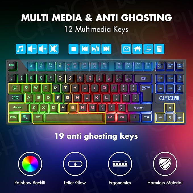 CHONCHOW Wireless Gaming Keyboard and Mouse Combo, Rechargeable 87 Key LED Light Up Keyboard, Ergonomic Wireless Gaming Mouse, Backlit for Xbox PS4 PC Laptop