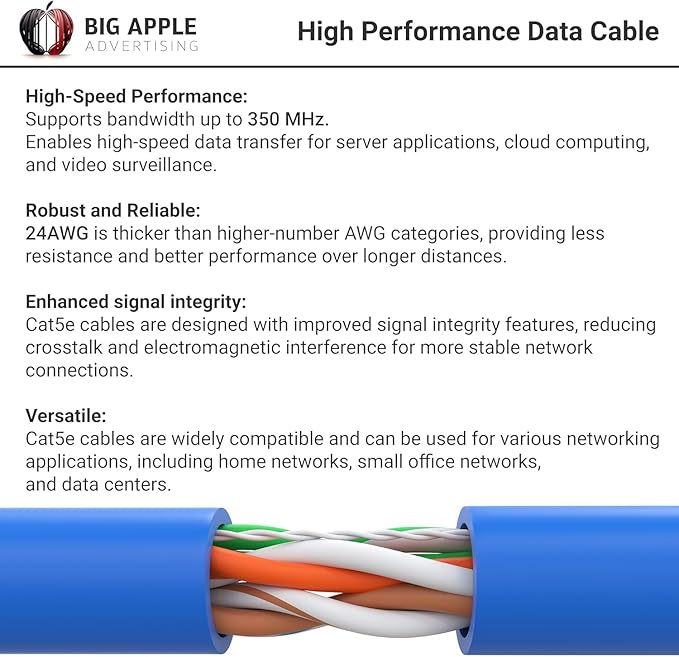 Big-A - 1000ft Cat5e Plenum Ethernet Cable, Blue, 350MHz, 24AWG UTP, CMP Rated, Solid Network LAN Cord, Compatible with Printer, Gaming Consoles, Router, VoIP Phones, POE IP Cameras