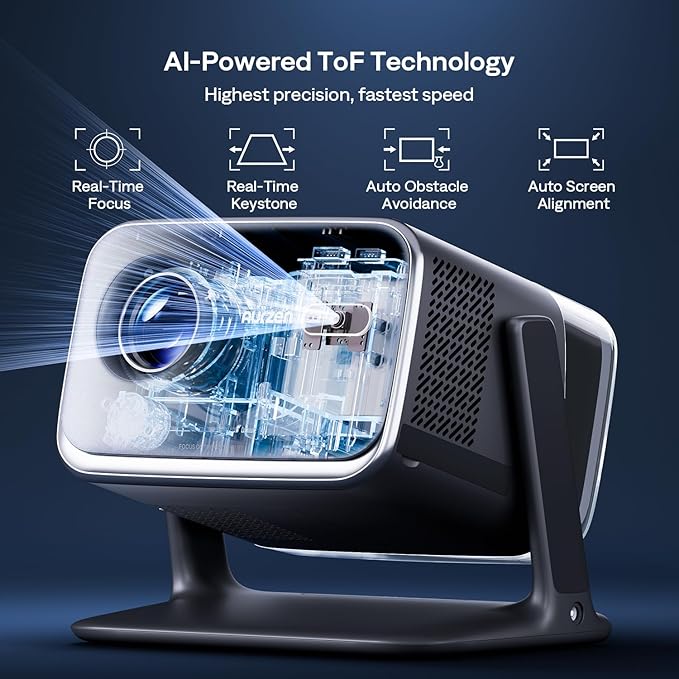 Aurzen BOOM mini Google TV 4K Supported Smart Portable Projector with WiFi and Bluetooth, Outdoor & Home Movie Projector with 20W Speakers DoIby Audio, Real-Time Focus, 500 ANSI Lumens, Black