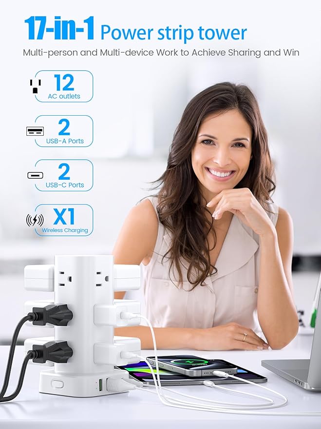 Tower Power Strip with 15W Wireless Charger, 6FT Flat Plug Extension Cord with Multiple Outlets, 12 AC Outlets, 4 USB Ports (2 USB C) Charging Station Surge Protector for Office Home Dorm Room (White)