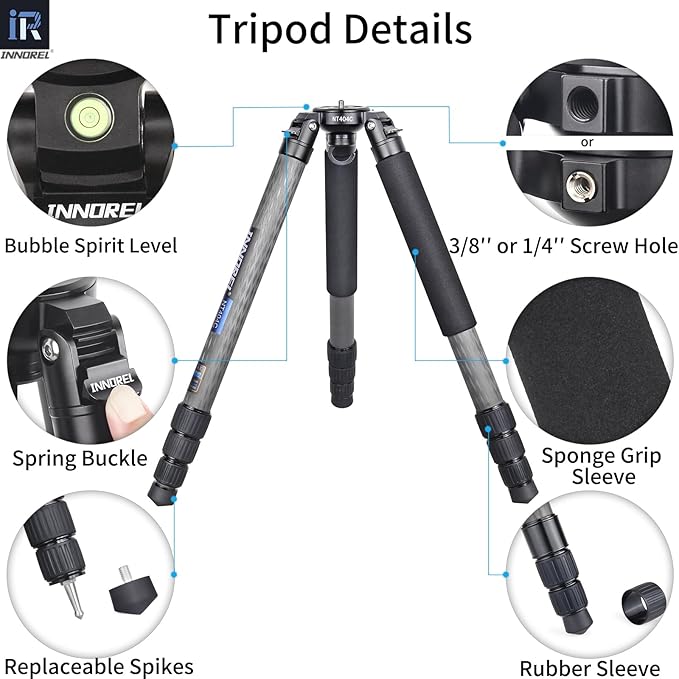 INNOREL NT404C Carbon Fiber Tripod Professional Birdwatching Heavy Duty Camera 66lb/30kg Max Load 40mm Max Tube Diameter Bowl Tripod Birdwatching Camera Stand with 75mm Universal Bowl Adapter