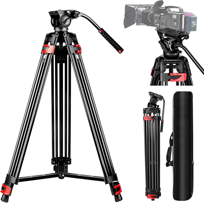82" /210cm Professional Video Tripod, Heavy Duty Aluminum Alloy Camera Tripod Stand with 360° Fluid Drag Head, QR Plate Compatible with Canon Nikon Sony DSLR Camera Camcorder (Load 33Lb)