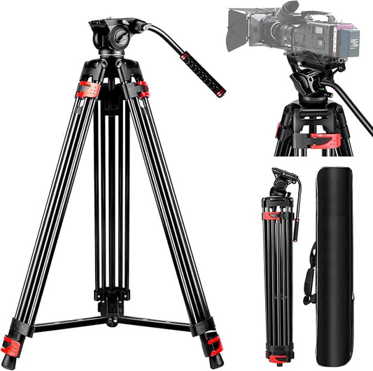 82" /210cm Professional Video Tripod, Heavy Duty Aluminum Alloy Camera Tripod Stand with 360° Fluid Drag Head, QR Plate Compatible with Canon Nikon Sony DSLR Camera Camcorder (Load 33Lb)