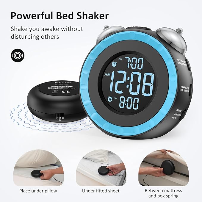uscce Loud Dual Alarm Clock with Bed Shaker - 0-100% Dimmer, Vibrating Alarm Clock for Heavy Sleepers or Hearing Impaired, Easy to Set, USB Charging Port, Snooze, Battery Backup (Blue)