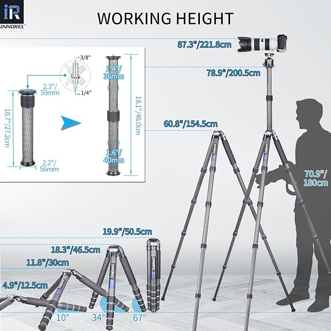 INNOREL KT405C Compact Carbon Fiber Camera Tripod 40mm Max Tube Professional 5 Sections Travel Tripod for Digital DSLR Video Camcorder Heavy Duty Camera Stand Load 77.2lb/35kg with Center Column