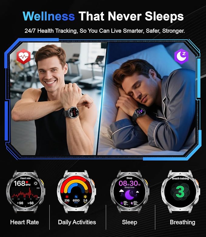 LIGE Smart Watches for Men with LED Flashlight/Call, 1,62'' HD AMOLED Screen 730mAh Military Smartwatches with 110+ Sports, 3ATM Fitness Tracker with 24/7 Heart Rate/Sleep for iOS Android, Black