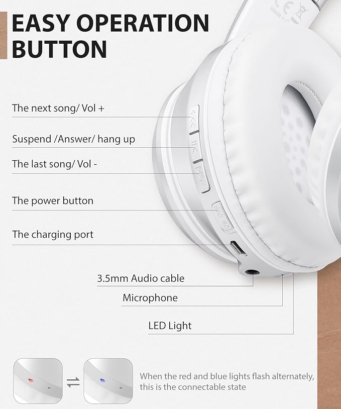 rockpapa E8 Over The Ear Bluetooth Headphones with Microphone for Kid Children Boy Girl Youth Teen Adult, Foldable Wired/Wireless Headphones with Mic, Include Travel Case, Silver