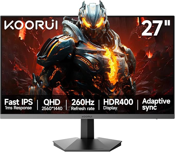 KOORUI 27 inch Gaming Monitor QHD (2560x1440),1440P,260Hz Refresh Rate,IPS Panel, 3-Sided Frameless,Adaptive Sync, VESA, Support DP & HDMI