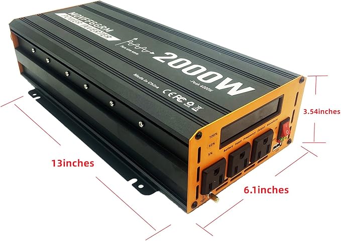 2000W Pure Sine Wave Power Inverter peak-4000 Watt,DC 12V to 110V,with 3xAC,USB Port,LCD Digital Display