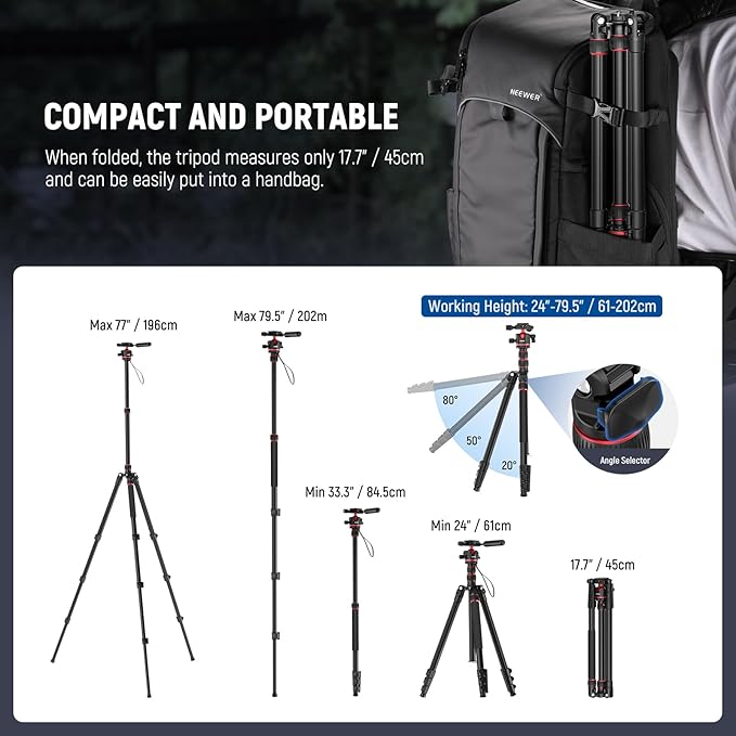NEEWER Basics Camera Tripod Monopod, 77" Compact Lightweight Travel DSLR Video Stand, 360° Ball Head, Arca Type QR Plate, Reversible Legs & Inverted Central Axis, 13lb Max Load, TP08