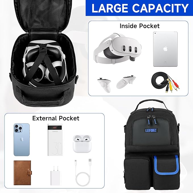 VR Carrying Case Compatible with Meta Quest 3S/Quest 3/Oculus Quest 2/Quest Pro/Vision Pro,Travel Storage Bag Fits for Elite Version VR Gaming Headset,Touch Controllers and Accessories(Bag Only)