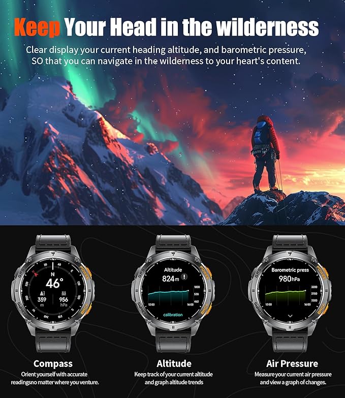LIGE GPS Smart Watch for Men, Compass/LED Flashlight/Pedometer/1.43" AMOLED Smartwatch, 100+ Sports Mode Fitness Tracker for Android iOS, IP68 Waterproof Watches for Swimming
