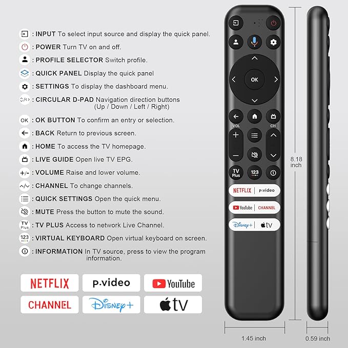 Voice Replacement Only for TCL Google TV Remote Control, RC813 Remote Compatible with TCL QM8/QM7/S5/S4/S3/Q7/Q6/Q5 4K UHD HDR LED QLED QD-Mini LED Full-HD Smart TVs (Not for Fire&Roku TVs)