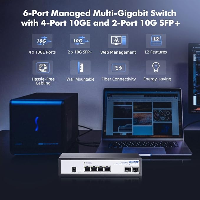 6 Port 10Gbps Managed Switch, 4 x 10G RJ-45, 2 x 10G SFP+ Slots, Support 10G/5G/2.5G/1000M Auto-Negotiation, YuLinca Smart Web Metal Network Switch