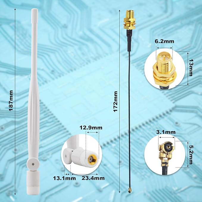 WiFi Security Camera Replacement Antenna Kit 4PCS, 2 x 2.4GHz 3dBi RP-SMA Male Foldable Antenna + 2 x 17CM/6.7" U.FL/IPEX to RP-SMA Female Extension for Reolink Eco Birdfy Wireless Camera, Kaunosta