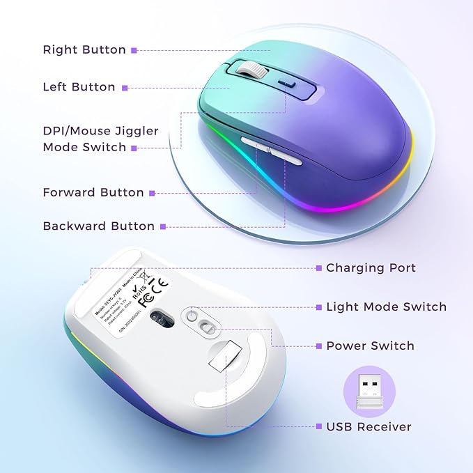 Wireless Mouse Jiggler - LED Wireless Mice with Build-in Mouse Jiggler Mover, Rechargeable Moving Mouse for Computer with Undetectable Random Movement Keeps Computer Awake - Gradient Purple