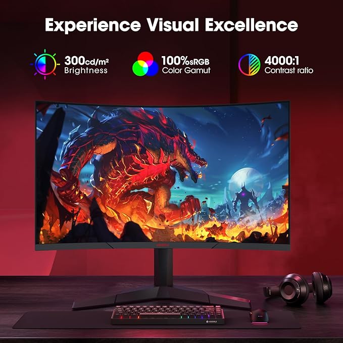 KOORUI 27 inch Curved Gaming Monitor, QHD (2560 x 1440) 180Hz R1500, Adaptive Sync with 1ms Computer Monitor, VESA Compatible, HDMI 2.0x2 & DisplayPort 1.4x1, Eye Care, 27E6QCA