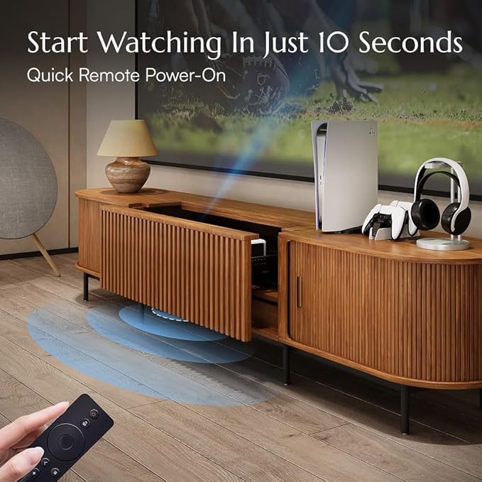 102" Ultra Short Throw Projector TV Stand, Mid-Century Modern Electric Cabinet with Linkage Memory Function and Ample Storage Space, Wood Entertainment Center, Anti-Pinch Design, Black