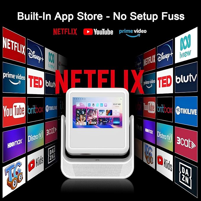 TouchScreen Smart Portable Projector, 4K Support Outdoor Projector with WiFi6 and Bluetooth, 800 ANSI 180° Rotatable,1000+ Apps, Auto Focus Keystone Movie Proyector for Home Theater/Outdoor/Gaming