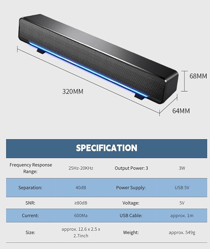 Soundbar,USB Wired SoundBar,Music Player with Bass Surround,Stereo USB Powered Mini Soundbar Speakers with 3.5mm Input for PC Tablets Laptop Desktop Projector Cellphone for Home Theater(Black)