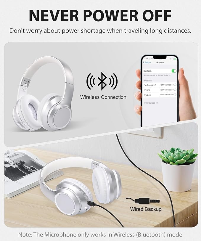 rockpapa E8 Over The Ear Bluetooth Headphones with Microphone for Kid Children Boy Girl Youth Teen Adult, Foldable Wired/Wireless Headphones with Mic, Include Travel Case, Silver