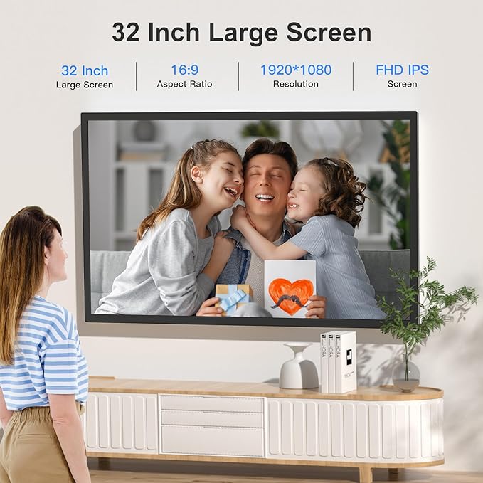 32-Inch FHD 64GB Extra Large Digital Picture Frame - 1920x1080 IPS 1080P Digital Photo Frame, Remote Control, Sync Smartphone Screen, Share Photos Videos via App Email, for Mom Dad