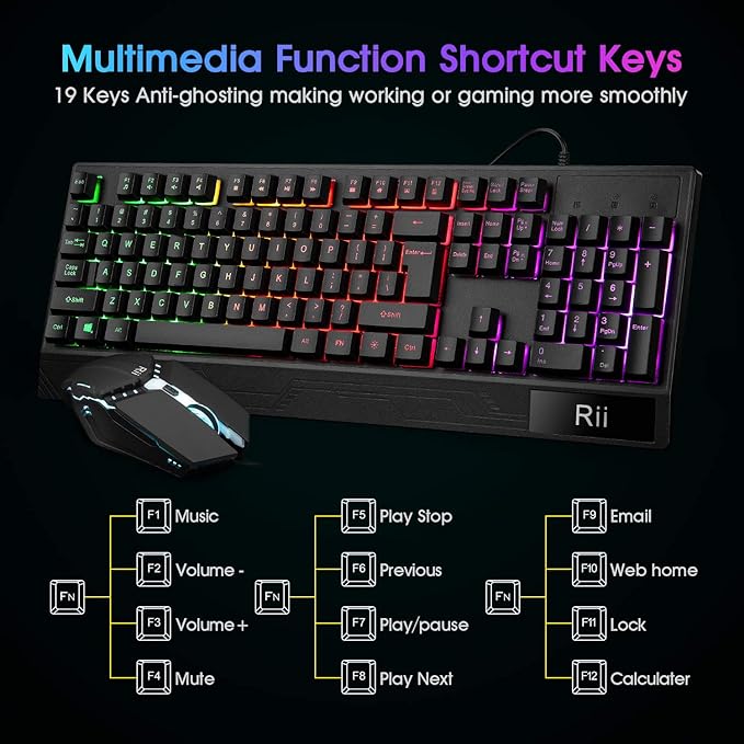 Rii Gaming Keyboard and Mouse Combo,USB Wired,104 Keys RGB LED Backlit Keyboard with Wrist Rest for PC/Laptop (Black)