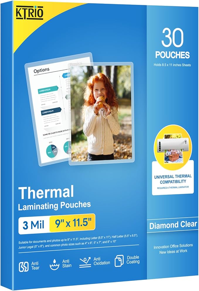KTRIO Laminating Sheets, Hold 8.5 x 11 inches Sheets, 30 Pack, 3 Mil Clear Thermal Laminate Pouches for Laminator, 9 x 11.5 inch Lamination Paper for School, Home & Office