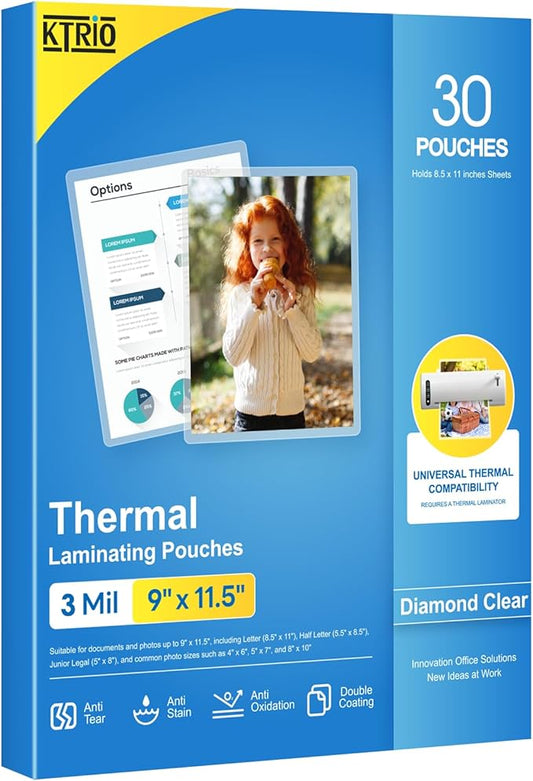 KTRIO Laminating Sheets, Hold 8.5 x 11 inches Sheets, 30 Pack, 3 Mil Clear Thermal Laminate Pouches for Laminator, 9 x 11.5 inch Lamination Paper for School, Home & Office
