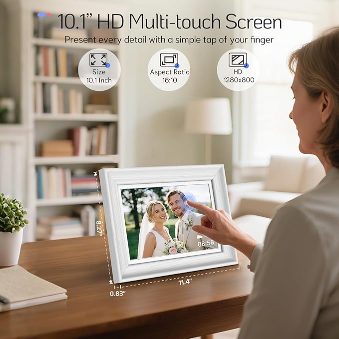 NexFoto Touchscreen Digital Picture Frame 10.1 Inch, WiFi Photo Frame Electronic 64GB, Add Photos from Google Photos, Easy to Share Videos via App/USB/Micro SD, for Mom/Birthday, White Wood
