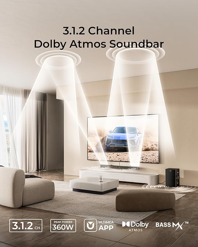 ULTIMEA 3.1.2ch Sound Bar with Dolby Atmos, Surround Sound System for TV with 6.5 inch Subwoofer, Sound Bar for Smart TV, Soundbar with Subwoofer for Home Theater, BT 5.4, HDMI eARC, Skywave F30 Boom
