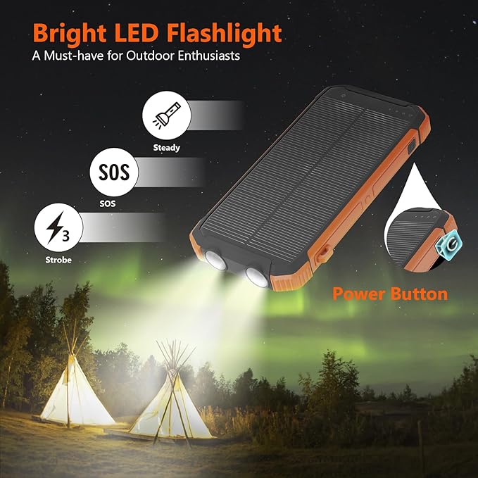 Solar Charger Power Bank 20,000mAh Portable Wireless Charger, Fast Charging External Battery Bank with 6 Outputs for Cell Phones,Portable Solar Panel with Dual Flashlight for Camping