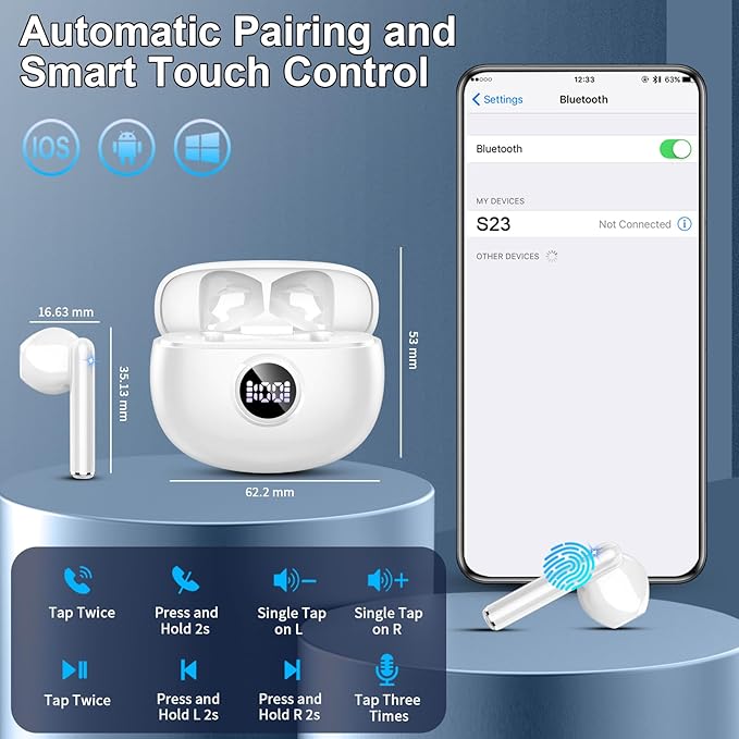 Wireless Earbuds, 2024 Bluetooth 5.3 Headphones HiFi Stereo Ear buds with ENC Noise Cancelling Mics, 40H Bluetooth Earbuds with Dual LED Display, IP7 Waterproof in Ear Earphones for Android iOS, White