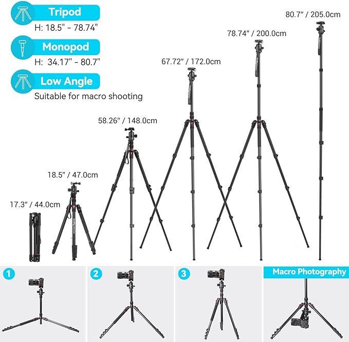 SmallRig CT-20 Camera Tripod, 78.7" Foldable Aluminum Tripod & Monopod, 360°Ball Head Detachable and Quick Release Plate, Payload 33lb, Adjustable Height from 18.5" to 78.7" for Camera, Phone - 3474C