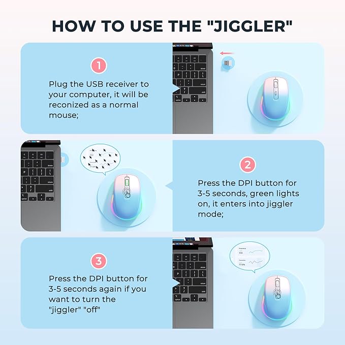 Wireless Mouse Jiggler - LED Wireless Mice with Build-in Mouse Mover, Rechargeable Moving Mouse for Laptop with Undetectable Random Movement Keeps Computers Awake - Blue to Pink