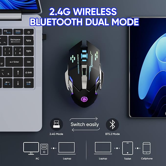 Wireless Gaming Mouse Bluetooth Mouse RGB Rechargeable 2.4G USB Cordless Computer Mice with 7 Color Backlit, 6 Buttons & Silent Click for Laptop, iPad, Mac OS, PC, Windows -Black